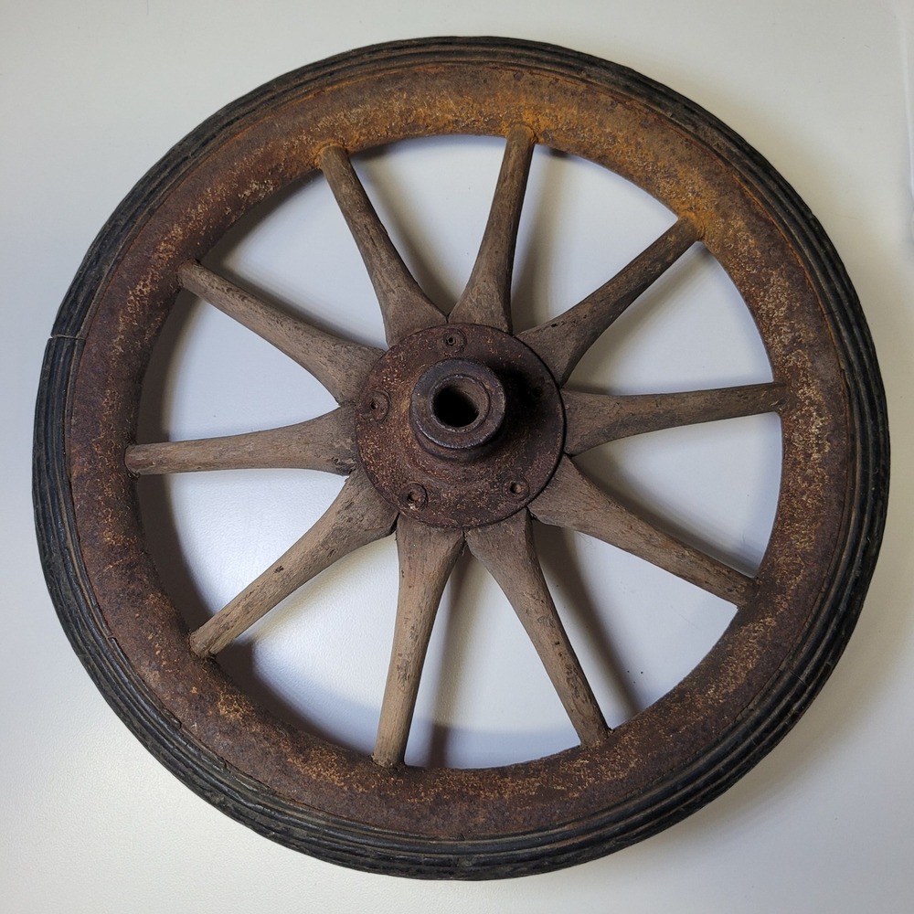 Wooden 10 in Wagon Wheel Rusty Metal Rim Farmhouse Decor Rustic Cart Wheel